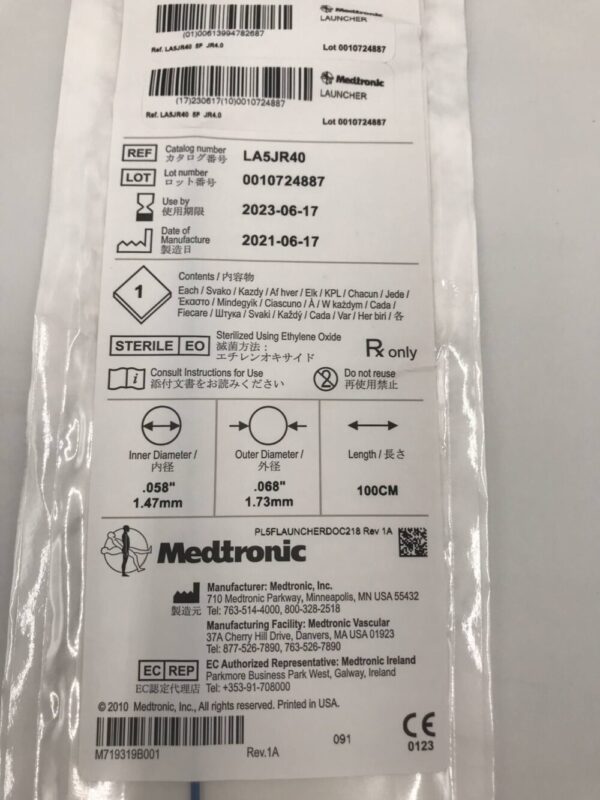 Medtronic LA5JR40 Launcher Guiding Catheter JR4.0 5F 100cm .058" (X)