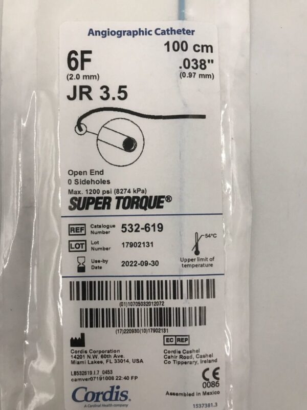 Cordis 532-619 Super Torque Angiographic Catheter JR 3.5 .038" x 100cm 6F (X)