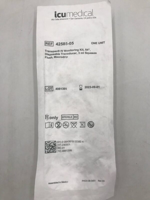 ICU Medical 42585-05 Transpac IV Monitoring Kit 84" Disposable Transducer 3ml Squeeze Flush Macrodrip (X)