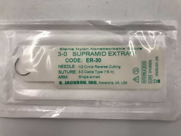 S.Jackson ER-30 Sterile Nylon Nonabsorbable Suture Supramid Extra II 3-0 1/2 Circle Reverse Cutting Single-Armed (X)