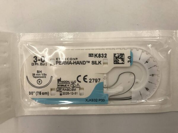 Ethicon K832 Perma-Hand Silk Black Braided Non-Absorbable Suture 3-0 SH 26mm 1/2c Taperpoint 30"