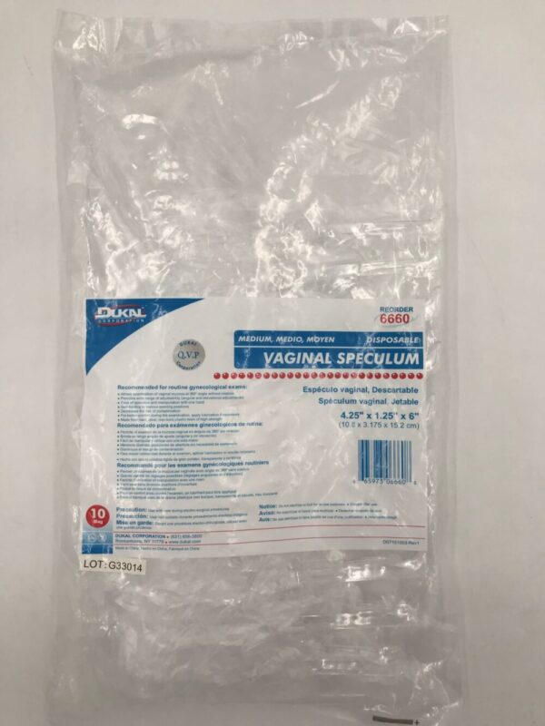 Dukal 6660 Vaginal Speculum Medium Disposable 4.25 x 1.25" x 6" (10/Bag)