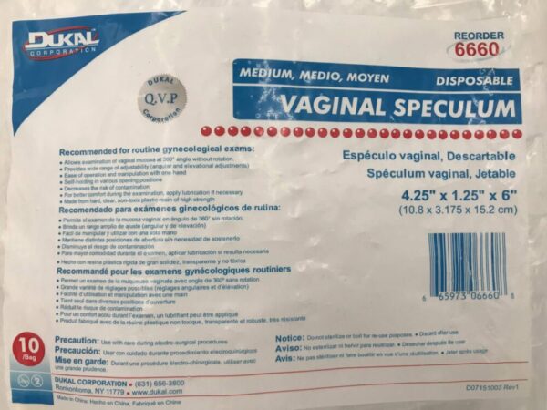 Dukal 6660 Vaginal Speculum Medium Disposable 4.25 x 1.25" x 6" (10/Bag)