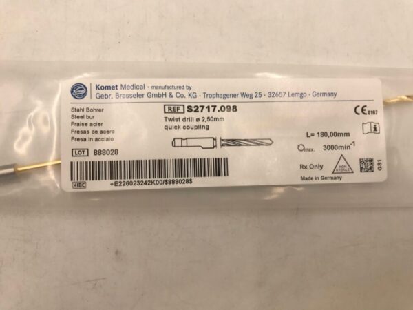 KOMET MEDICAL S2717.098 Twisted Drill, Quick Coupling Diam. 2.50mm L=180mm