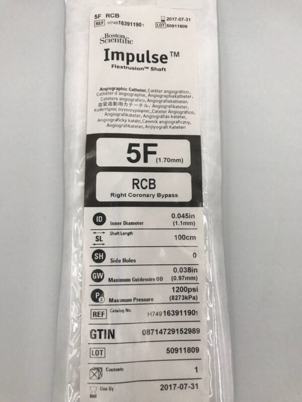 Boston Scientific 16391190 Impulse RCB Right Coronary Bypass 5F (1.70mm) x 100cm Angiographic Catheter (X)