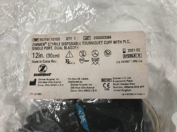 ZIMMER 60708010100 Disposable Tourniquet Cuff w/PLC, Single Port, Dual Bladder 12"(X)