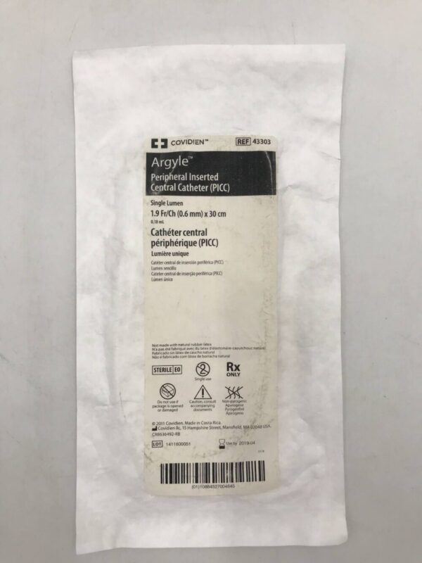 Covidien 43303 Argyle Peripheral Inserted Central Catheter (PICC) Single Lumen 1.9 Fr/Ch (0.6mm) x 30cm (X)