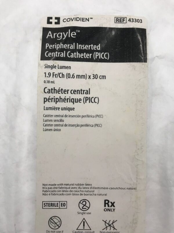 Covidien 43303 Argyle Peripheral Inserted Central Catheter (PICC) Single Lumen 1.9 Fr/Ch (0.6mm) x 30cm (X)