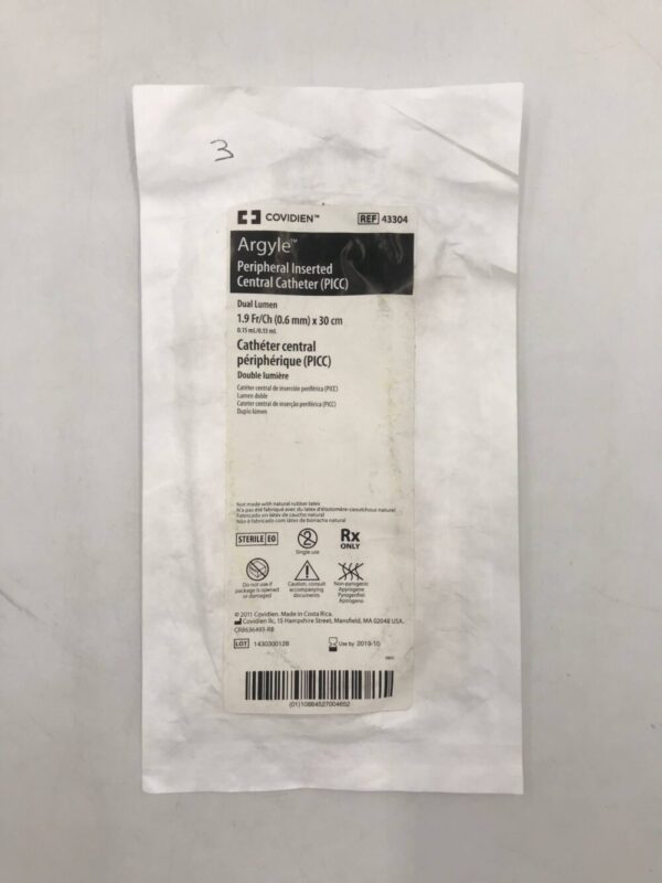 Covidien 43304 Argyle Peripheral Inserted Central Catheter (PICC) Dual Lumen 1.9 Fr/Ch (0.6mm) x 30cm (X)
