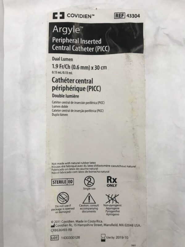 Covidien 43304 Argyle Peripheral Inserted Central Catheter (PICC) Dual Lumen 1.9 Fr/Ch (0.6mm) x 30cm (X)