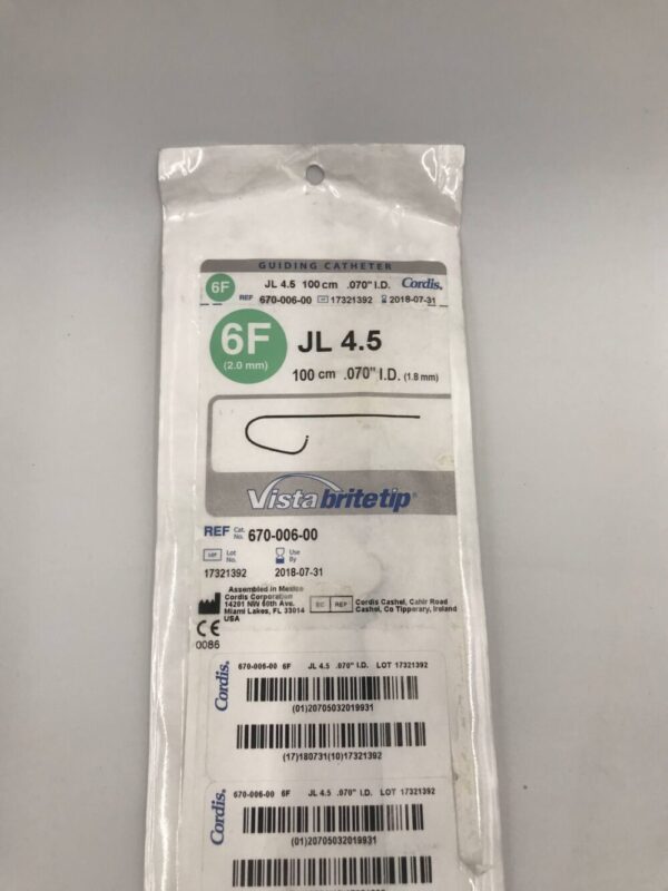 Cordis 670-006-00 Vista Brite Tip JL 4.5 Guiding Catheter 6F (2.0mm) x 100cm .070" I.D. (X)