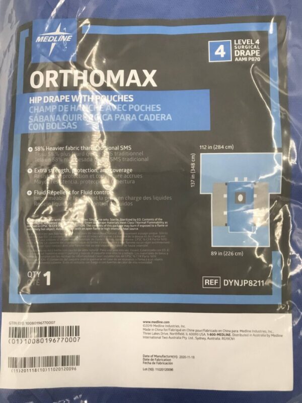 MEDLINE DYNJP8211 Orthomax Hip Surgical Drape w/Pouches AAMI Level 4, 137in x 112in