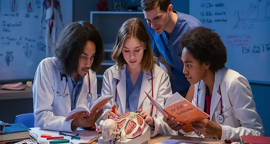Medical students practicing clinical procedures in a hands-on learning environment.