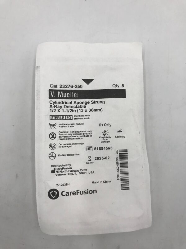 CareFusion 23276-250 V.Mueller Cylindrical Sponge Strung X-Ray Detectable 1/2x1-1/2in (X)