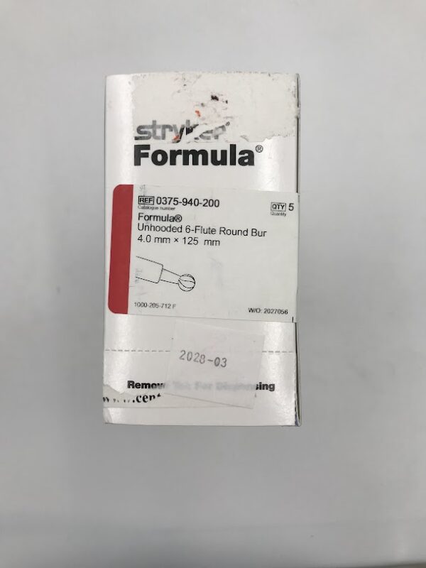 STRYKER 0375-940-200 Formula Unhooded 6-Flute Round Bur 4x125mm (5/Box)