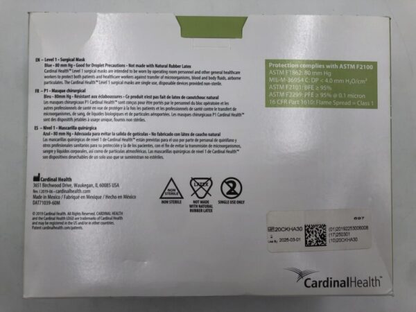 Cardinal Health AT71039 Surgical Mask with Horizontal Ties Blue 80mm Hg Level 1 (50/Box)