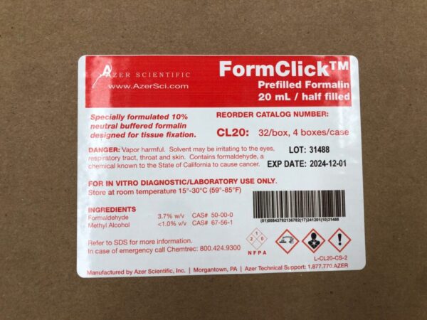 AZER SCIENTIFIC CL20 FormClick Prefilled Formalin 20mL/Half Filled (4Boxes/Case)