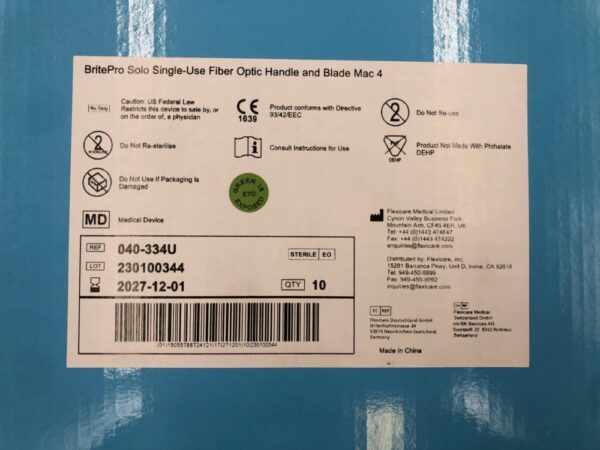 FLEXICARE 040-334U BritePro Solo Single-Use Fiber Optic Handle & Blade Mac 4 (10/Box)