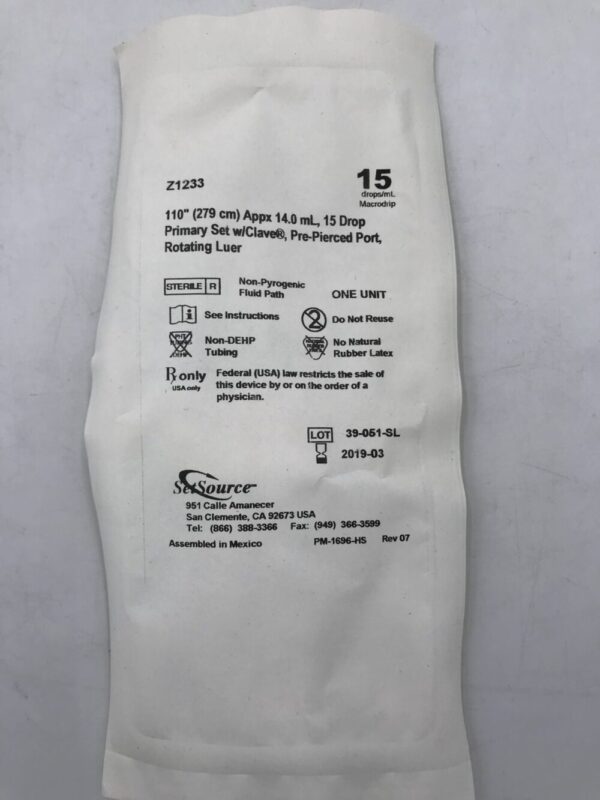 Set Source Z1233 Primary Set w/Clave, Pre-Pierced Port, Rotating Luer 110" (279cm) Appx 14.0mL, 15 Drop (X)