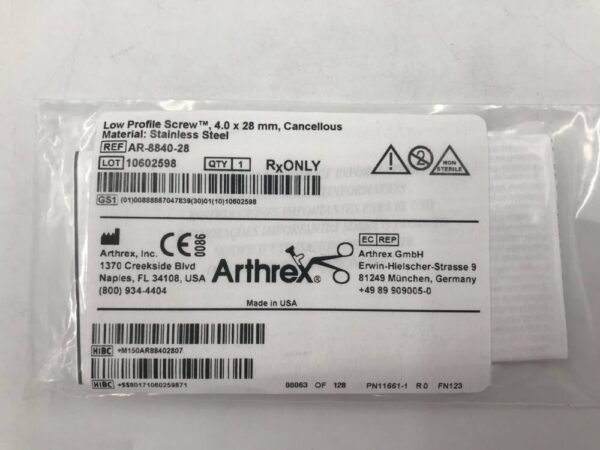 Arthrex AR-8840-28 Low Profile Screw 4.0 x 28mm Cancellous