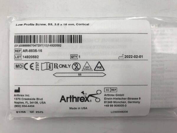 Arthrex AR-8835-16 Low Profile Screw SS 3.5 x 16mm Cortical