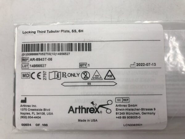 Arthrex AR-8943T-06 Locking Third Tubular Plate SS 6H