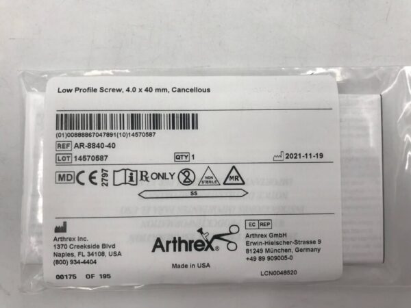 Arthrex  AR-8840-40 Low Profile Screw 4.0 x 40mm Cancellous