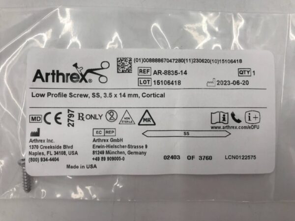 Arthrex AR-8835-14 Low Profile Screw SS 3.5 x 14mm Cortical