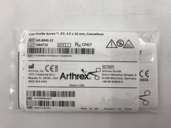 Arthrex AR-8840-22 Low Profile Screw SS 4.0 x 22mm Cancellous
