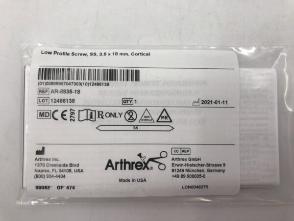 Arthrex AR-8835-18 Low Profile Screw SS 3.5 x 18mm Cortical
