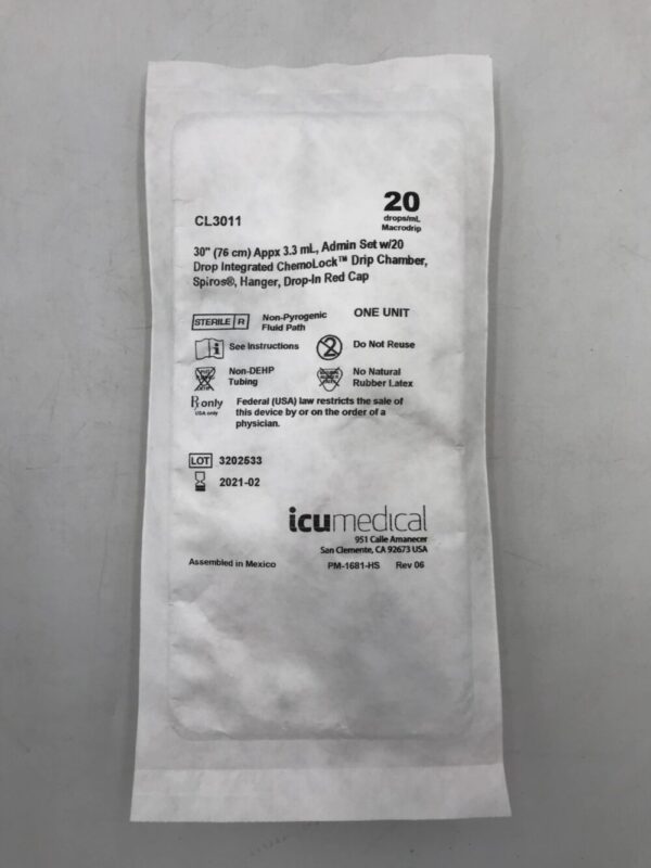ICU MEDICAL CL3011 Appx 3.3m Admin. Set w/20Drop Integrated ChemoLock Drip Chamber, Spiros, Hanger, Drop-In Red Cap (X)