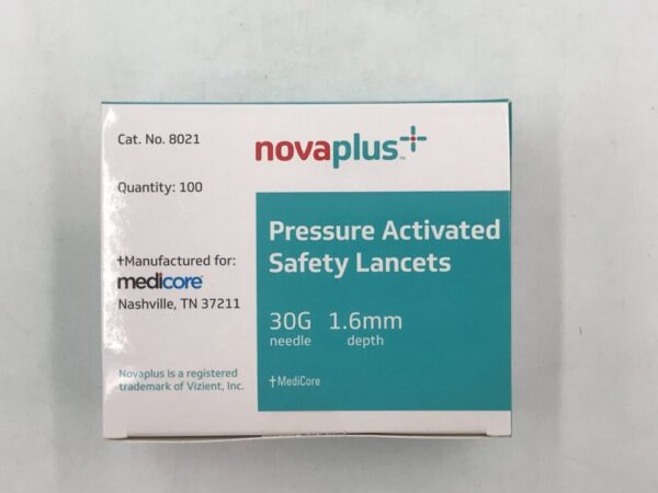 MediCore 8021 Novaplus Pressure Activated Safety Lancets 30G Needle 1.6mm Depth (100/Box)