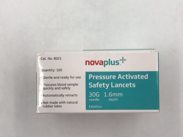 MediCore 8021 Novaplus Pressure Activated Safety Lancets 30G Needle 1.6mm Depth (100/Box)
