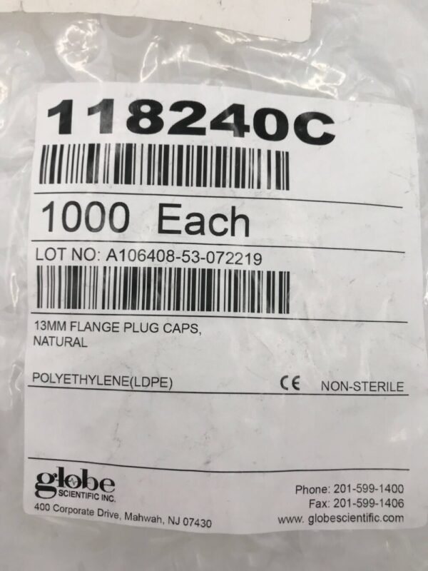 Globe Scientific 118240C Flange Plug Caps 13mm Natural (1,000/Bag)
