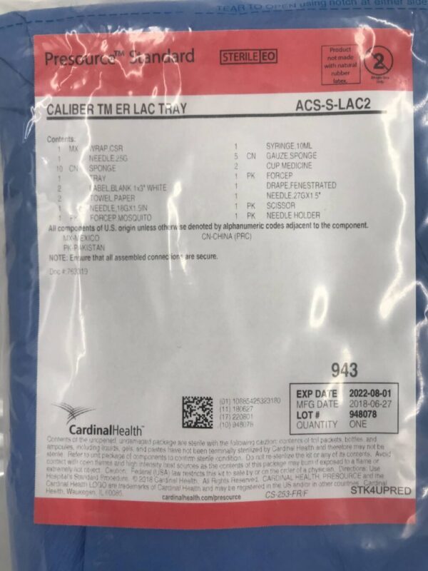 Cardinal Health ACS-S-LAC2 Caliber TM ER Lac Tray (X)