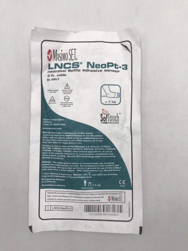 MASIMO LNCS NeoPt-3 SofTouch Neonatal SpO2 Adhesive Sensor w/3ft Cable <1kg(X)