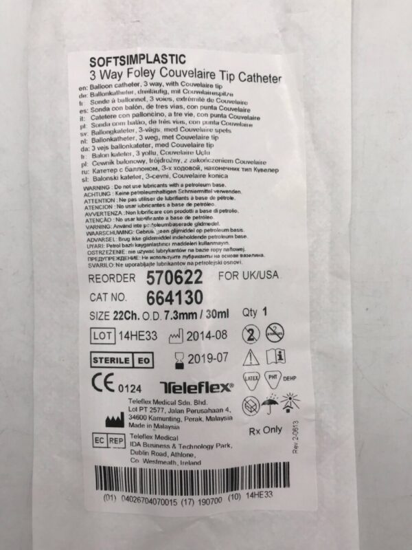 TELEFLEX 570622 Rusch SoftSimplastic 3 Way Foley Couvelaire Tip Balloon Catheter 22Ch(X)