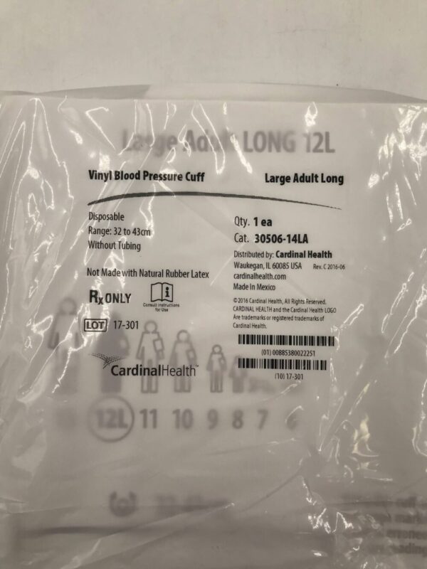 Cardinal Health 30506-14LA Vinyl Blood Pressure Cuff Large Adult Long Disposable Range 32 to 43cm without Tubing