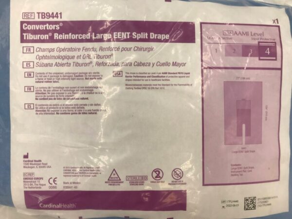CARDINAL HEALTH TB9441 Convertors Tiburon Reinforced Large EENT Split Drape AAMI Level 4, 77in x 124in(X)