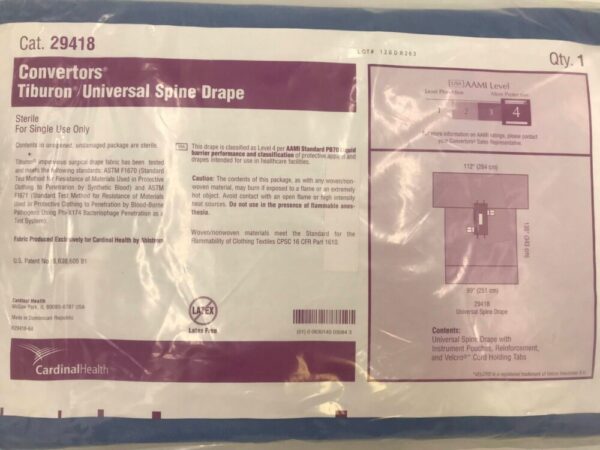 CARDINAL HEALTH 29418 Convertors Tiburon Universal Spine Drape AAMI Level 4, 112x135x99in