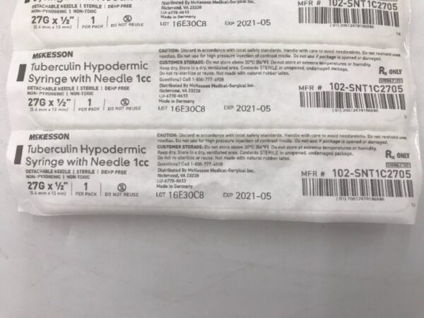 McKesson 102-SNT1C2705 Tuberculin Hypodermic Syringes with Needles 1cc Detachable Needle 27G x 1/2" (60/Bag) (X)