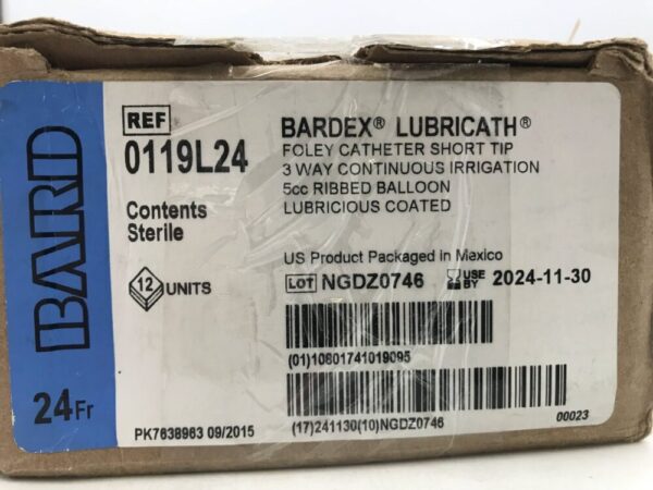 Bard 0119L24 Bardex Lubricath Foley Catheter Short Tip 3 Way Continuous Irrigation 5cc Ribbed Balloon Lubricious Coated 24Fr (12/Box)