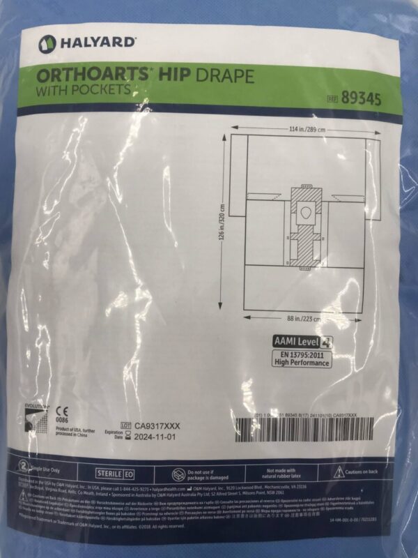 HALYARD 89345 Orthoarts Hip Drape w/Pockets AAMI Level 4, 126x114x88in
