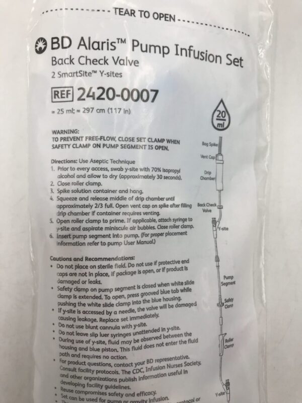 BD 2420-0007 Alaris Pump Infusion Set Back Check Valve 2 SmartSite Y-Sites 20ml Drops