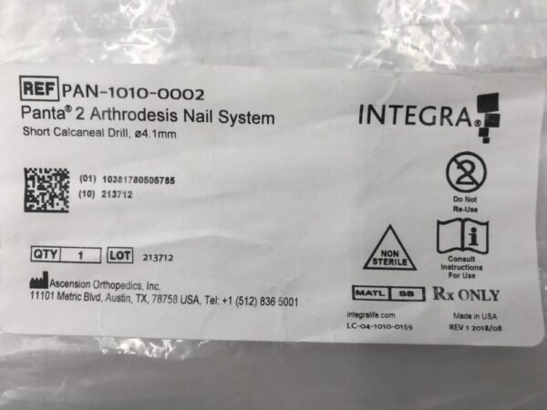 Integra PAN-1010-0002 Panta 2 Arthrodesis Nail System Short Calcaneal Drill ø4.1mm