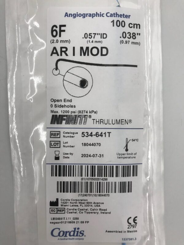 Cordis 534-641T Infiniti Thrulumen Angiographic Catheter AR I MOD 6F 100cm