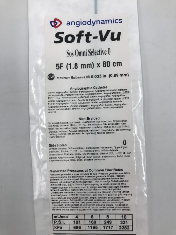 AngioDynamics 10720407 Soft-Vu Angiographic Catheter SOS Omni Selective 0 5F 80cm (X)