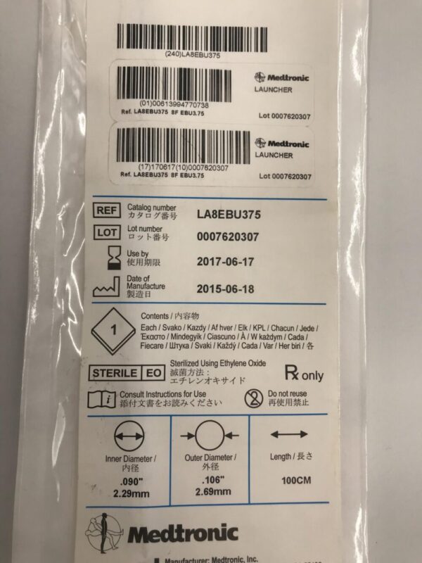 Medtronic LA8EBU375  Launcher Guiding Catheter .090" EBU3.75 8F 100cm (X)