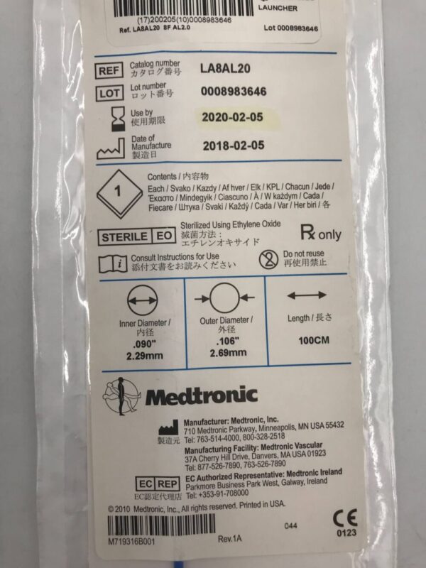 Medtronic LA8AL20  Launcher Guiding Catheter .090" AL2.0 8F 100cm (X)