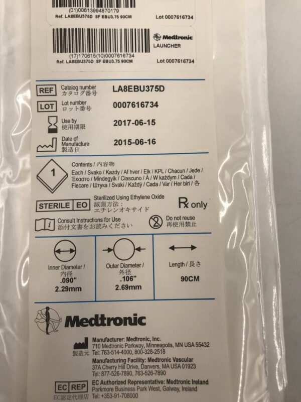 Medtronic LA8EBU375D Launcher Guiding Catheter .090" EBU3.75 8F 90cm (X)